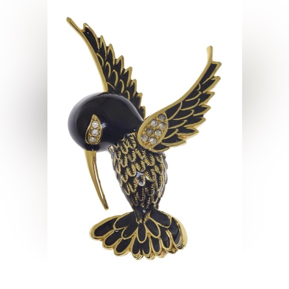 Vintage Jewelry - Goldtone and Black Enamel Hummingbird Brooch